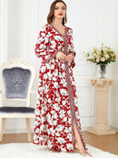 White Flowers Binded Split Design V Neck Long Sleeve Gown