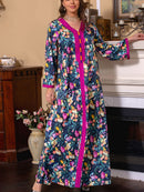 KTX-7982840316120 Floral Pattern Vneck Long Sleeve Kaftan