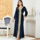 Blue Velvet Embroidery Pattern V Neck Long Sleeve Dress