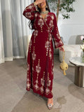 Folk Embroidery Printed V Neck Long Sleeve Gown