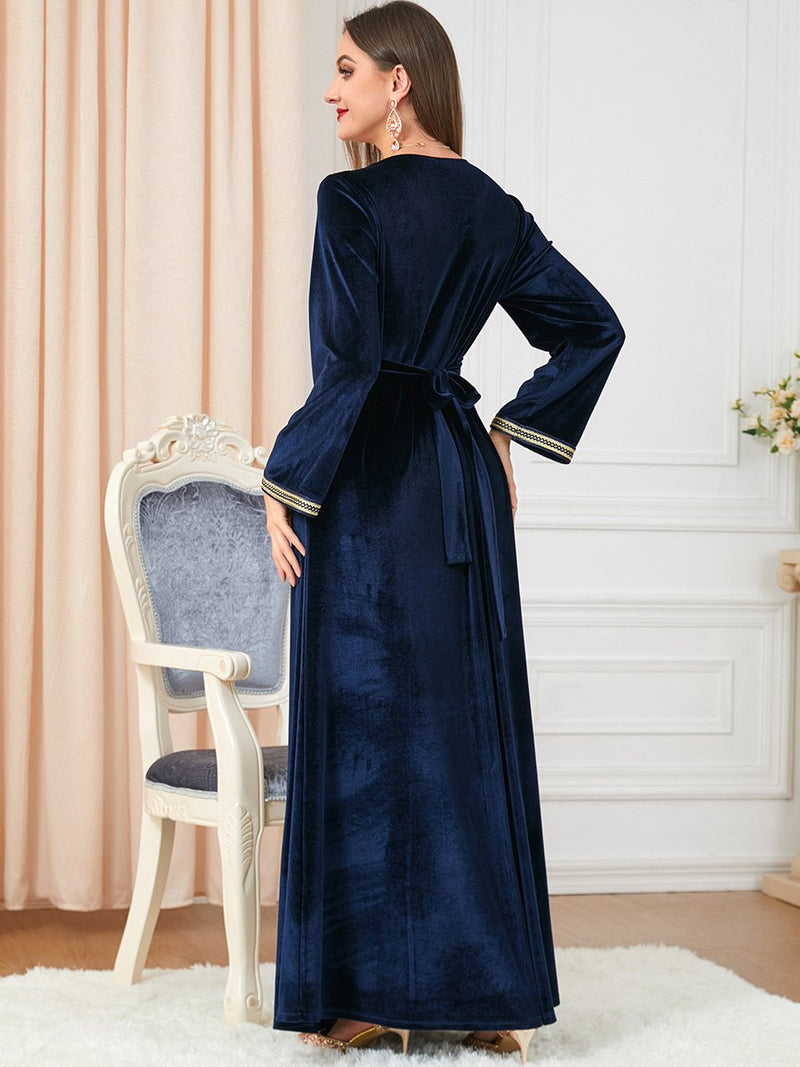 KTX-7982838087896 Blue Velvet V Neck Split Golden Print Long Sleeve Evening Dress