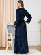 KTX-7982838087896 Blue Velvet V Neck Split Golden Print Long Sleeve Evening Dress