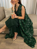 KTX-7982697152728 Green Geometric Embroidery Sequin Jumpsuit and Outwear Two-Piece Set