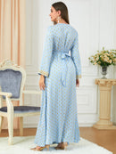 Golden Printed Belt Design V Neck Long Sleeve Blue Dress