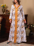 KTX-7982839562456 Elegant Floral Print Cuff Lace V Neck Kaftan