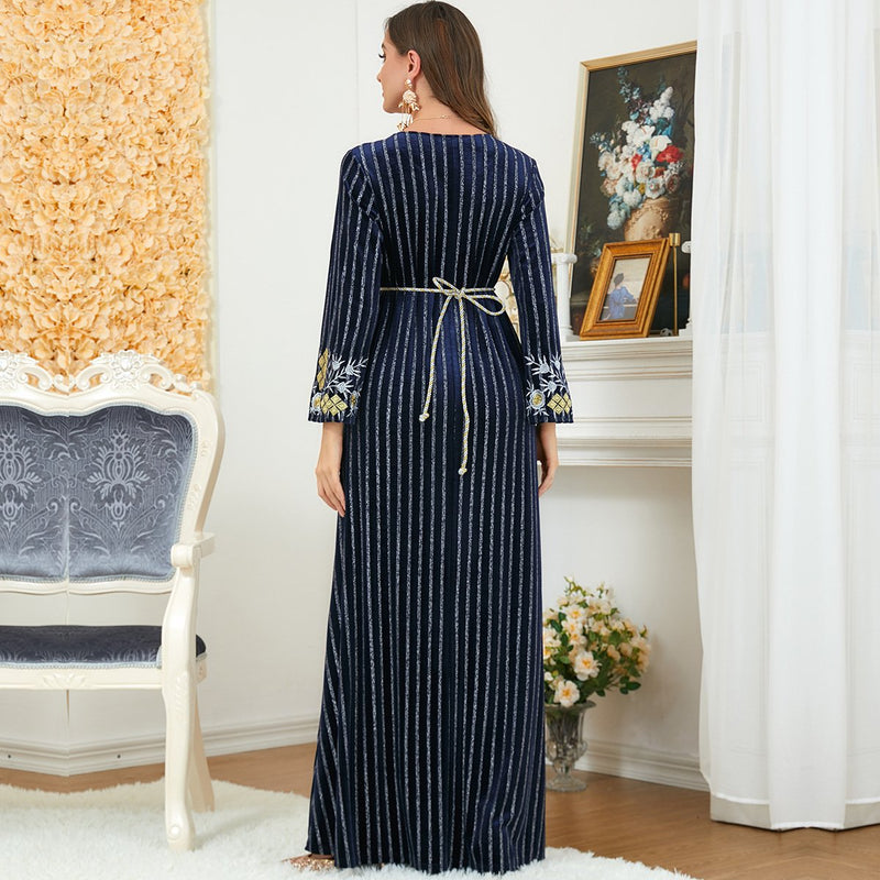 Flower Embroidery White Stripes Round Neck Long Sleeve Causal Dress