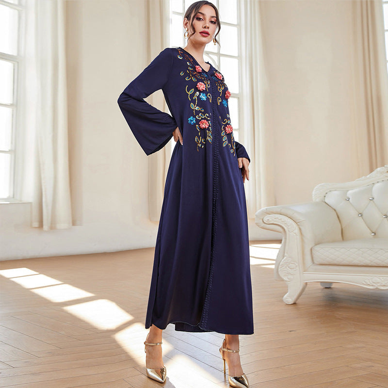 KTX-7982837629144 Flowers Embroidery V Neck Loose Lady Kaftan