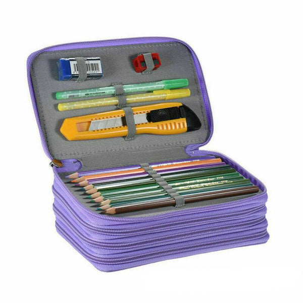 4 Layers Premium Large Pencil Case Bag - Purple