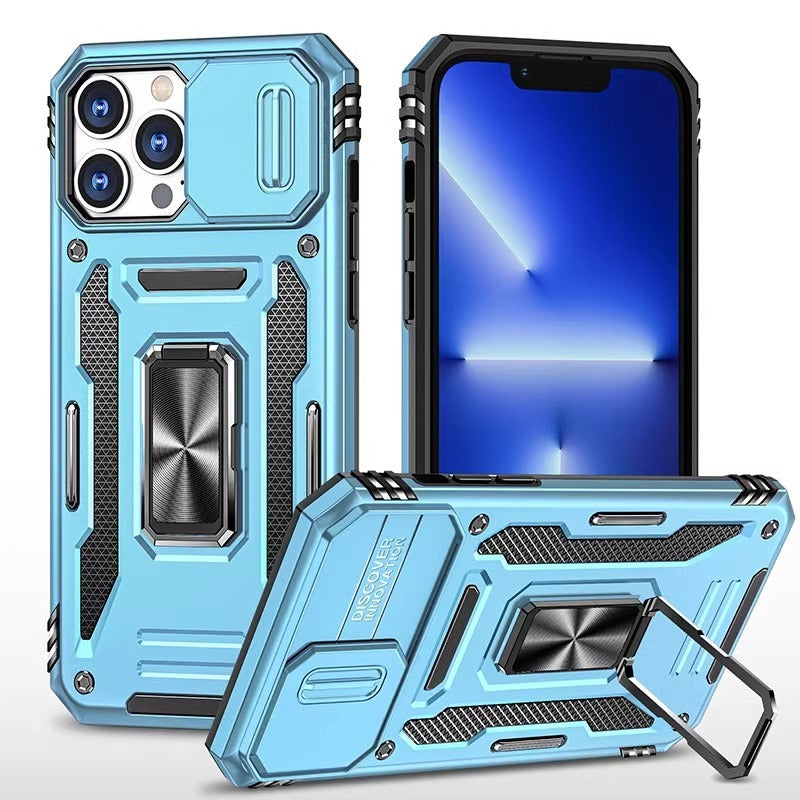 ABD-042510 Apple iPhone Case: Compatible with iPhone 11-15 Pro Max, Lens Cover, Finger Ring, Sliding & Push/Pull Closure, Military-Grade Protection