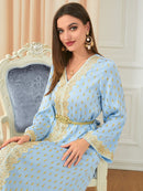 Golden Printed Belt Design V Neck Long Sleeve Blue Dress