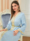 Golden Printed Belt Design V Neck Long Sleeve Blue Dress