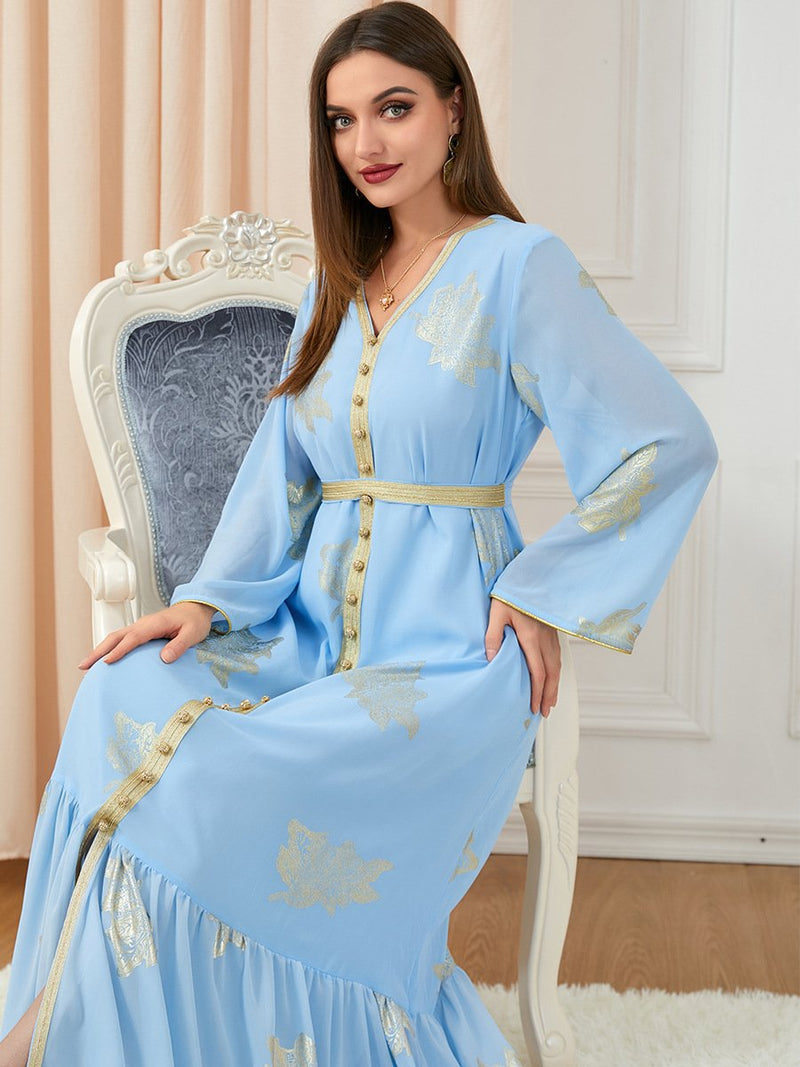 Pleated Chiffon Golden Pattern Split Long Sleeve Dress