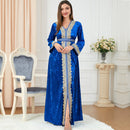 Solid Color Velvet Embroidery Pattern V Neck Long Sleeve Dress