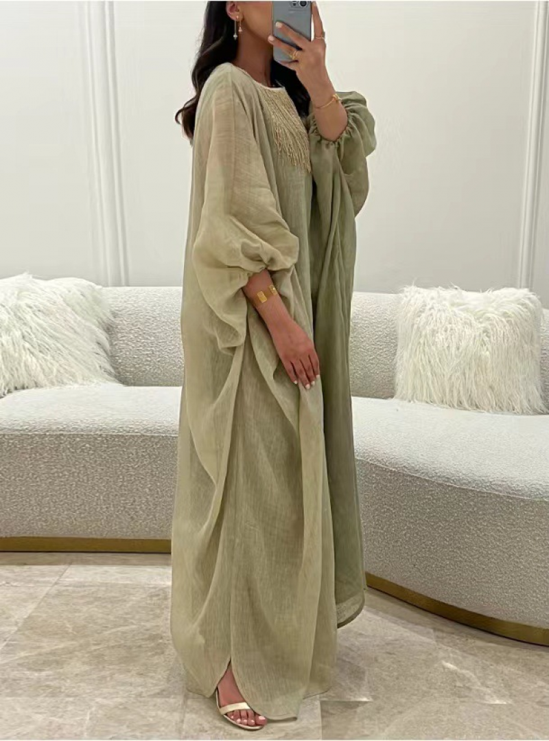 KTX-7982841528536 Tassel Lantern Sleeve Round Neck Linen Kaftan Dress