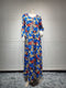 KTX-7982839627992 Floral Print Long Sleve V Neck Kaftan Dress