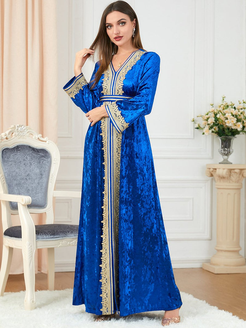 KTX-7982840643800 Solid Color Velvet Embroidery Pattern V Neck Long Sleeve Dress