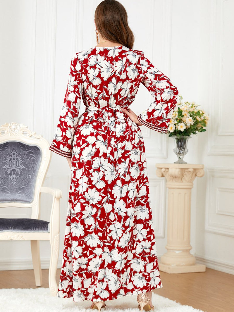 KTX-7982839136472 White Flowers Binded Split Design V Neck Long Sleeve Gown