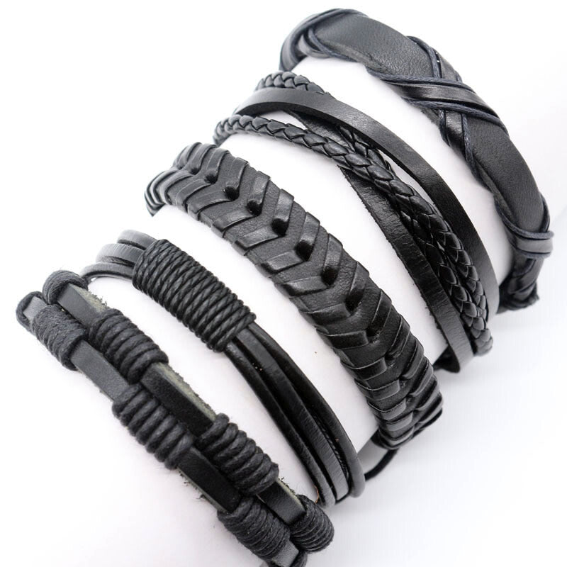 5Pcs Premium Unisex Leather Wristband - Black