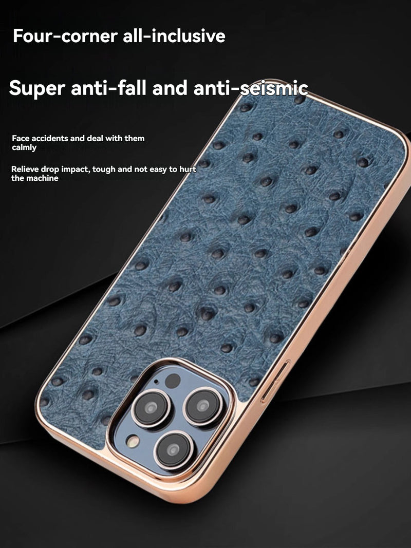 ABD-040503 For Apple 14promax High-End Leather Ostrich Pattern Iphone 13pro Phone Case Limited Collection Head Layer Cowhide 12 Personalized Custom Plating Plus Fashion Business Fall Protection Case