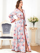 KTX-7982838481112 Flowers Printed Bind Design V Neck Long Sleeve Dress