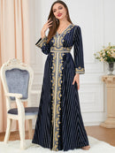 Solid Color Belt Design V Neck Long Sleeve Velvet Dress