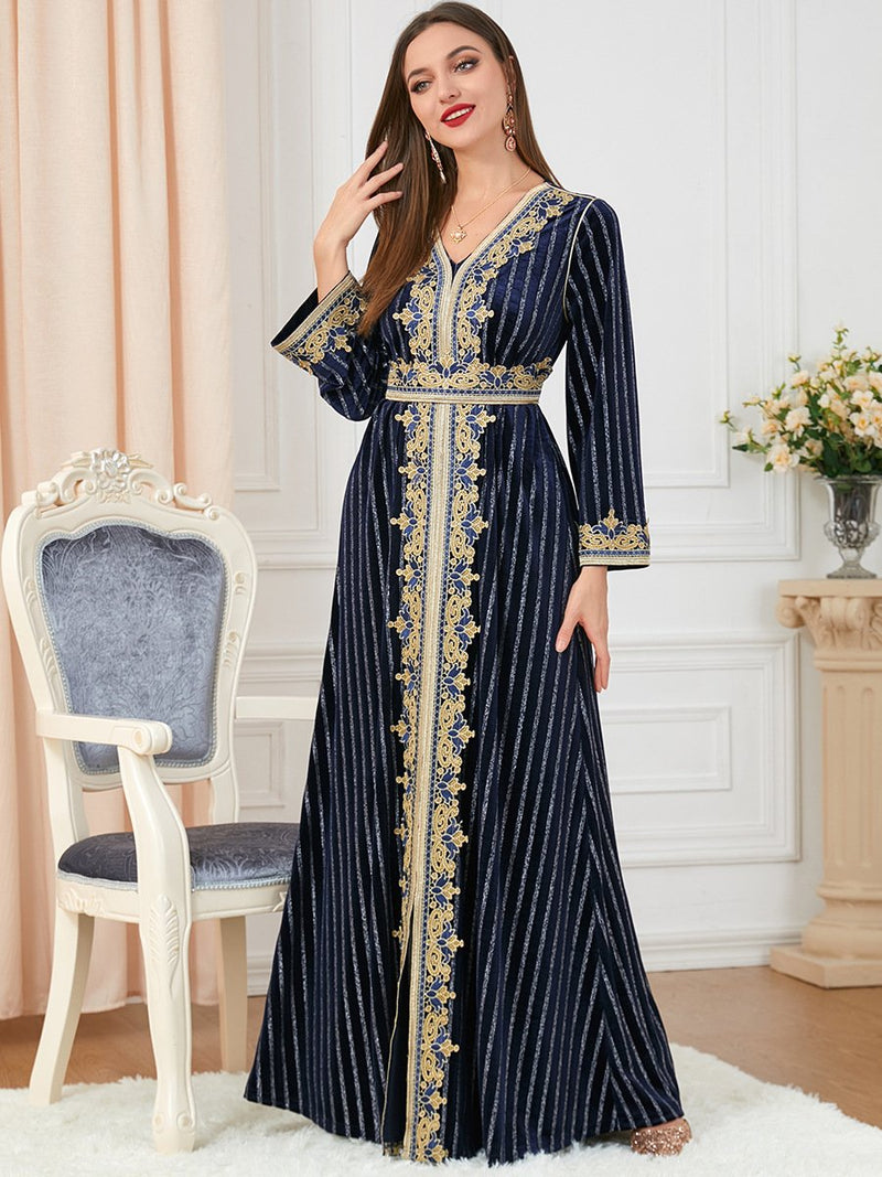 Solid Color Belt Design V Neck Long Sleeve Velvet Dress