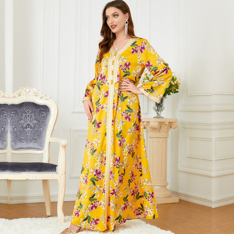 Flowers Pattern V Neck Long Sleeve Loose Elegant Gown