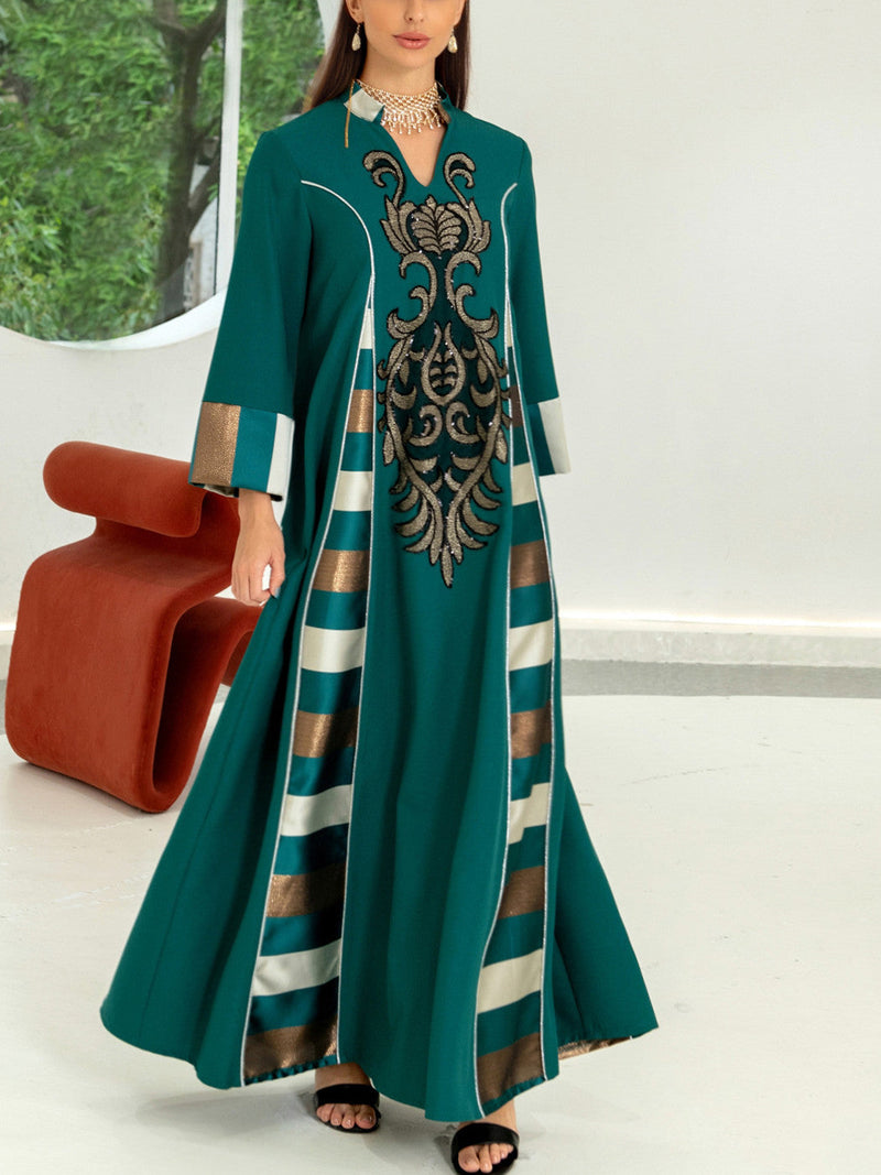 KTX-7982841200856 Sequins Embroidery Patchwork Striped V Neck Kaftan