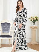 White Flowers Binded Split Design V Neck Long Sleeve Gown