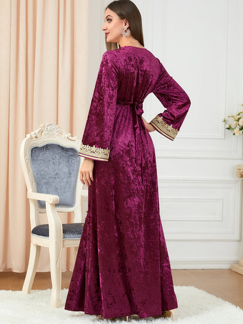 KTX-7982840643800 Solid Color Velvet Embroidery Pattern V Neck Long Sleeve Dress