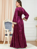 Solid Color Velvet Embroidery Pattern V Neck Long Sleeve Dress