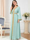 Embroidery Pattern Bind Design V Neck Long Sleeve Green Dress