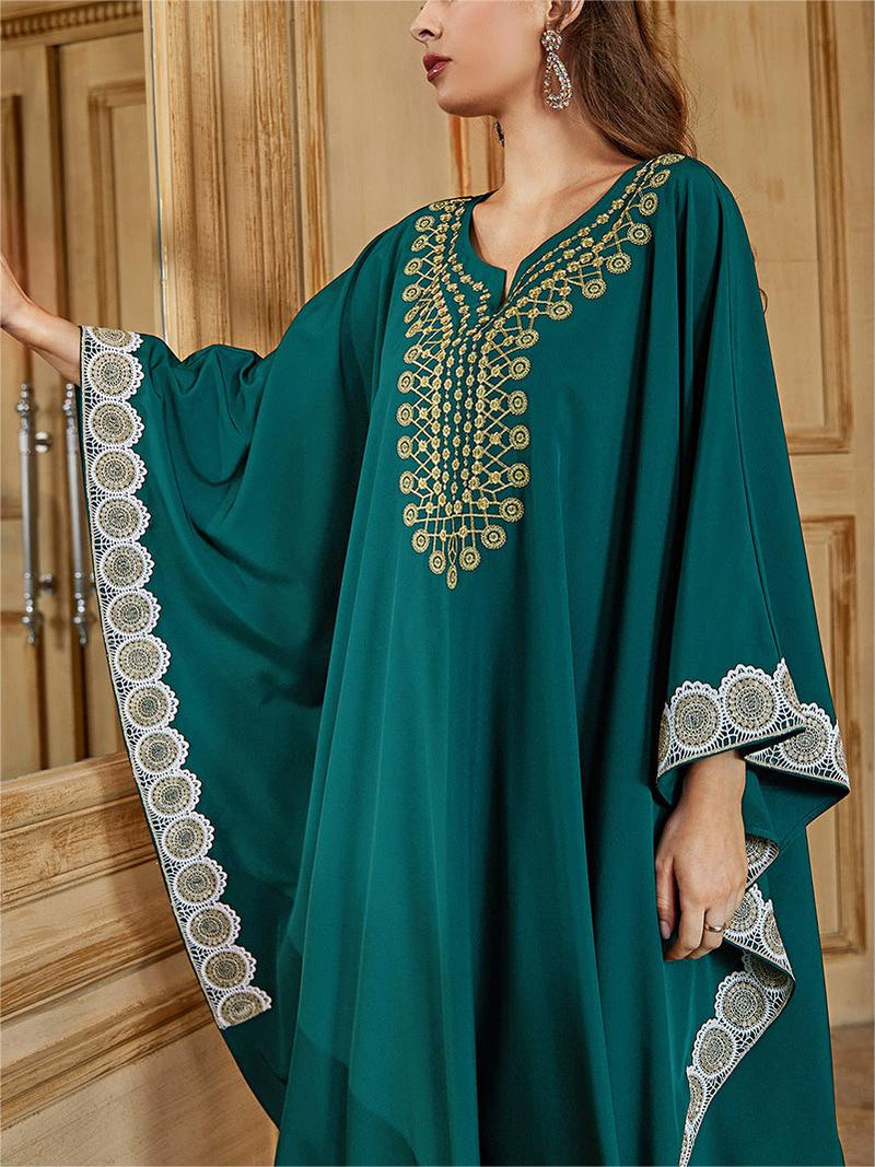 KTX-7982839529688 Elegant Ethnic Geometric Embroidered Batman Sleeve Kaftan