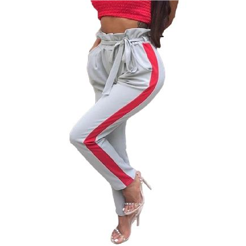 Women Casual Long Pants Striped High Waist Bandage Slim Harem Trousers Black/Grey