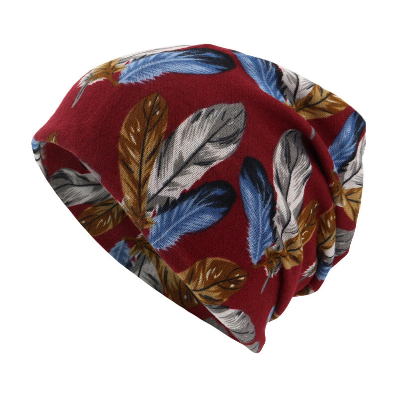 Women Tailored Feather Print Beanie Cap - Wine Red