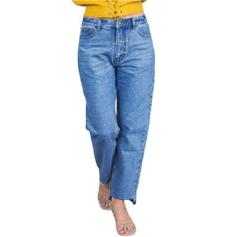 New Vintage Women Mid Waist Denim Mom Jeans Asymmetric Cuffs Washed Straight Boyfriend Jeans Blue