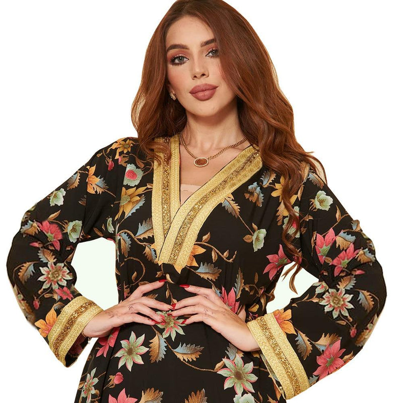 KTX-7982838382808 Flowers Printed V Neck Long Sleeve Elegant Lady Dress