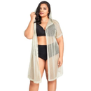 Sexy Women Bikini Cover Up Fishnet Hollow Out Hooded Cardigan Plus Size Outerwear Beachwear Beige