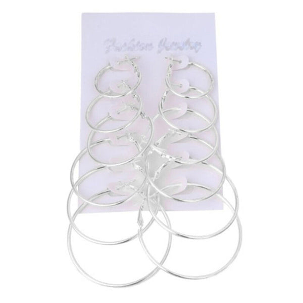 6 Pcs Premium Geometric Hoop Earrings - Silver