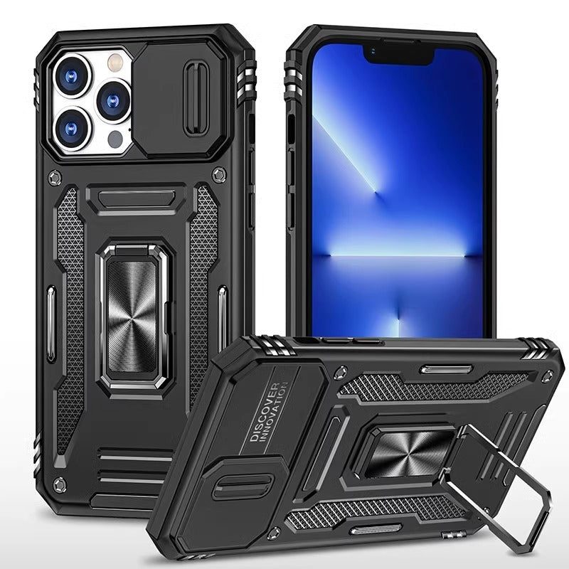 ABD-042510 Apple iPhone Case: Compatible with iPhone 11-15 Pro Max, Lens Cover, Finger Ring, Sliding & Push/Pull Closure, Military-Grade Protection