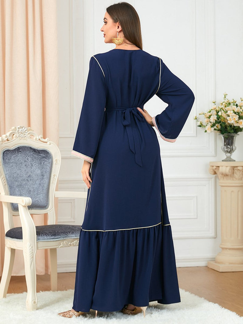 KTX-7982838218968 Embroidery Print Splicing Design V Neck Long Sleeve Dress