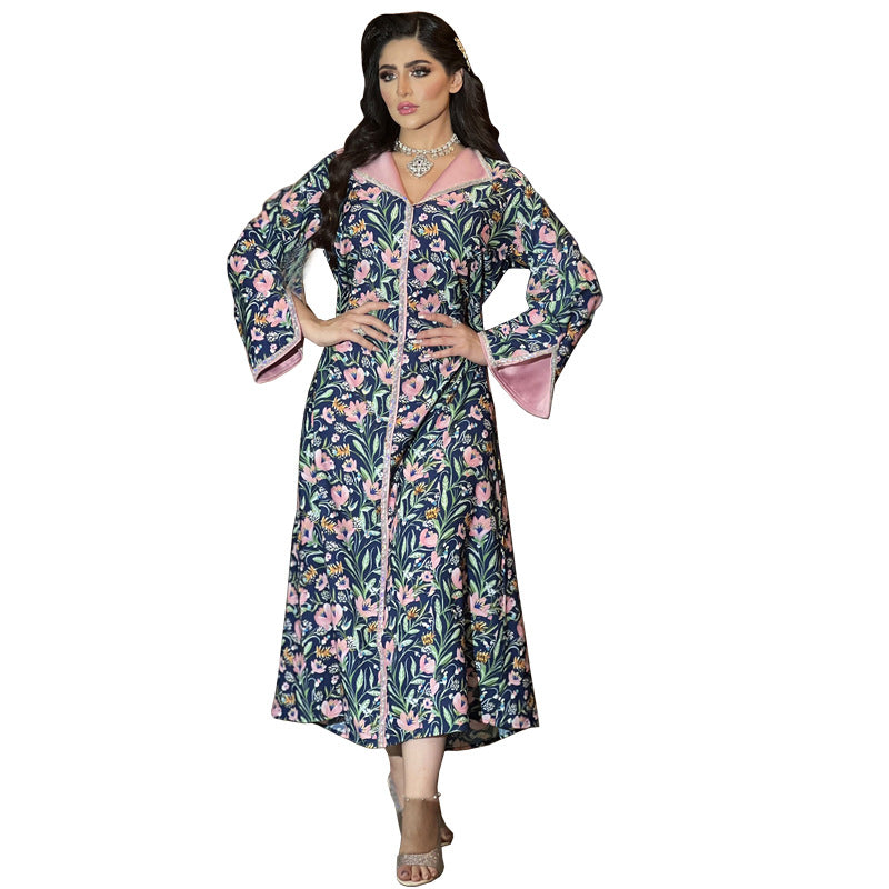 KTX-7982841266392 Floral Pattern Lapel Long Sleeve Kaftan