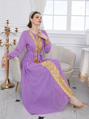 Golden Lace Chiffon Bind Design Round Neck Long Sleeve Elegant Gown