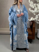 KTX-7982836646104 Blue Floral with Fur Trim Long Sleeve Kaftan