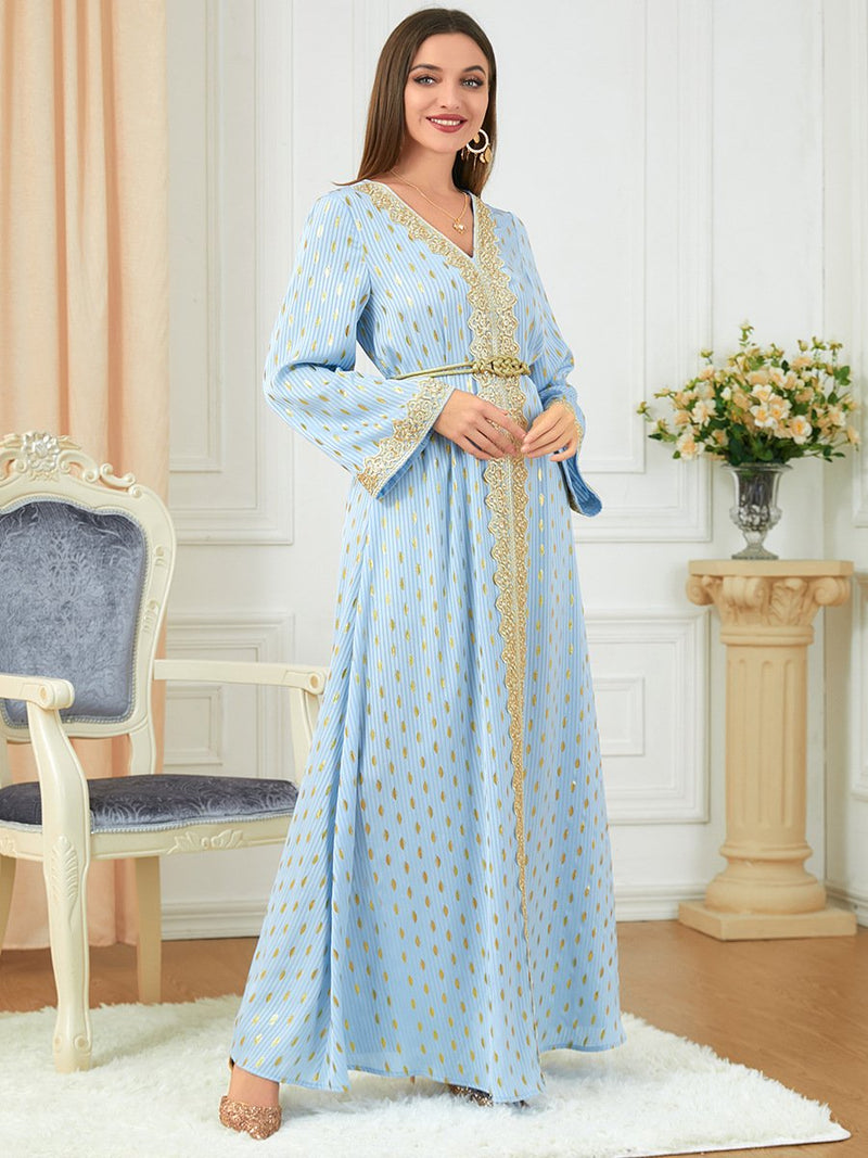 Golden Printed Belt Design V Neck Long Sleeve Blue Dress