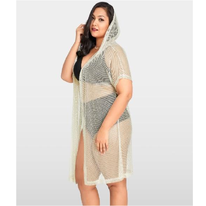 Sexy Women Bikini Cover Up Fishnet Hollow Out Hooded Cardigan Plus Size Outerwear Beachwear Beige