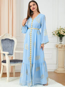 KTX-7982840250584 Pleated Chiffon Golden Pattern Split Long Sleeve Dress