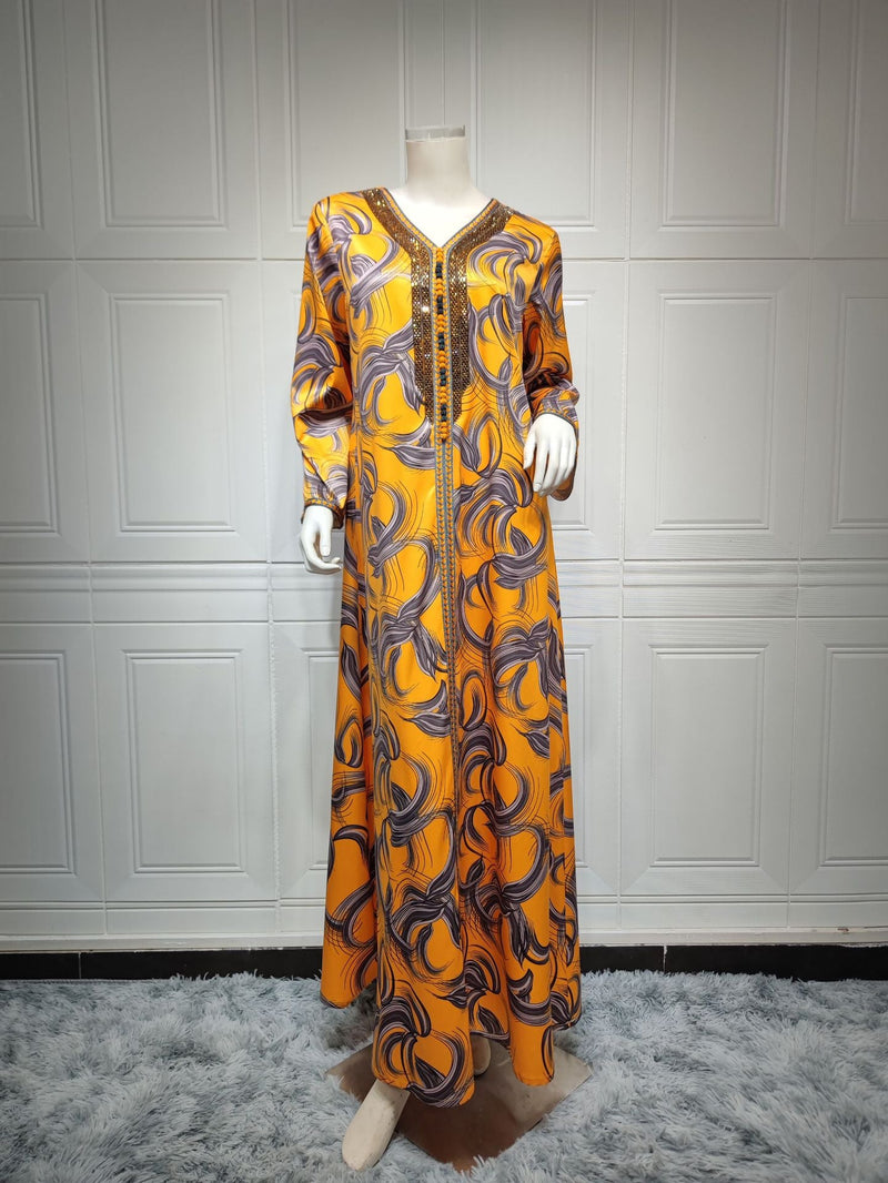 KTX-7982838055128 Binded Design Print V Neck Kaftan Dress