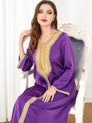 KTX-7982838808792 Golden Bead Split Design V Neck Long Sleeve Purple Dress