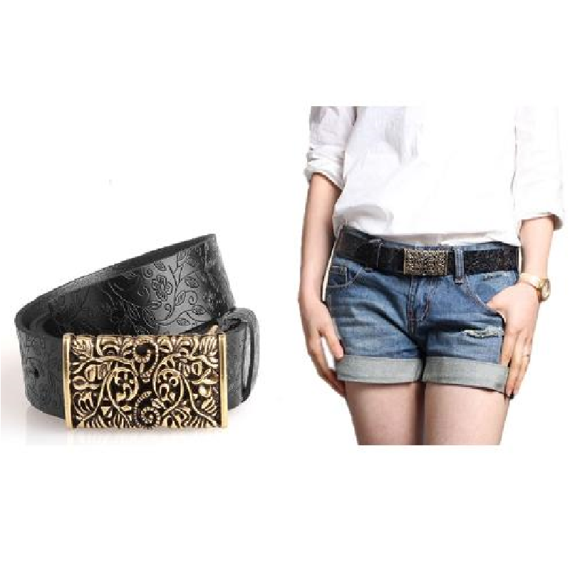 Vintage Women Leather Belt Hollow Out Buckle Flower Print Emboss Waist Strap Waistband Khaki